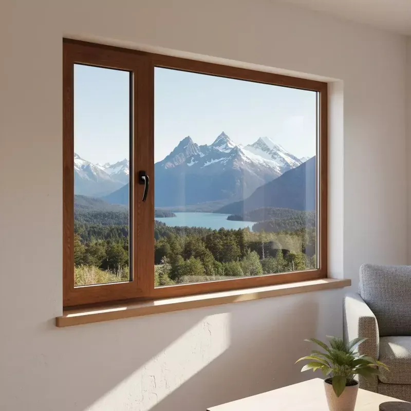 Ventana de PVC símil madera con vista a la montaña